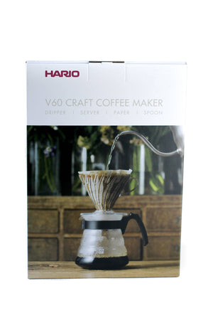Hario V60 Craft Coffee Maker with dripper, server, paper filters, and spoon