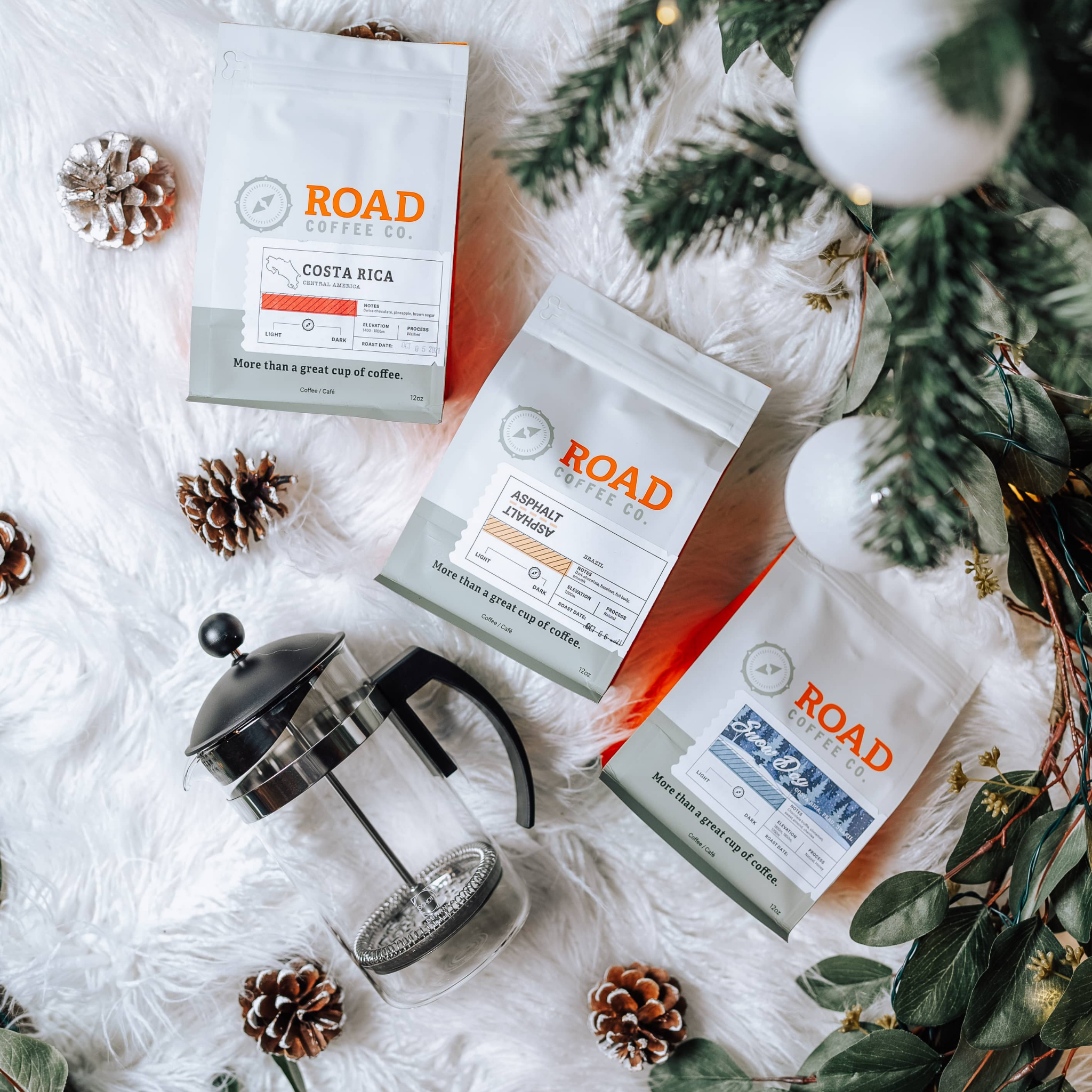 Custom engraved french press with our top sellers of 3-12oz bags coffee including our winter seasonal SnowDay, includes Free Shipping