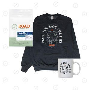The Golden Trio includes Road Coffee's Snow Day Blend, Made for Days crewneck and Made for Days mug. This medium roast coffee is handcrafted from Costa Rican coffee, Peruvian coffee and Brazilian coffee. Available in both whole bean coffee and pre-ground coffee from the best Canadian coffee roasters and coffee subscription.
