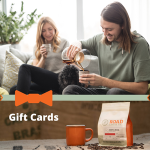 Road Coffee Gift Card with couple drinking coffee from a Chemex