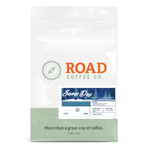 Snow Day from Road Coffee is a medium roast coffee, handcrafted from Costa Rica coffee, Peru coffee and Brazil coffee. Tasting notes of chocolate truffle, cinnamon, sweet almond and cherries. Available as both whole bean coffee and pre-ground coffee beans. Order coffee online from Canada's best coffee subscription.