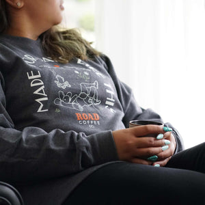 Woman wearing Unisex Canadian coffee roaster crewneck Road Coffee Made for Days Like This