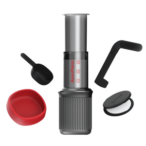 AeroPress Go grey and red travel coffee maker from Road Coffee